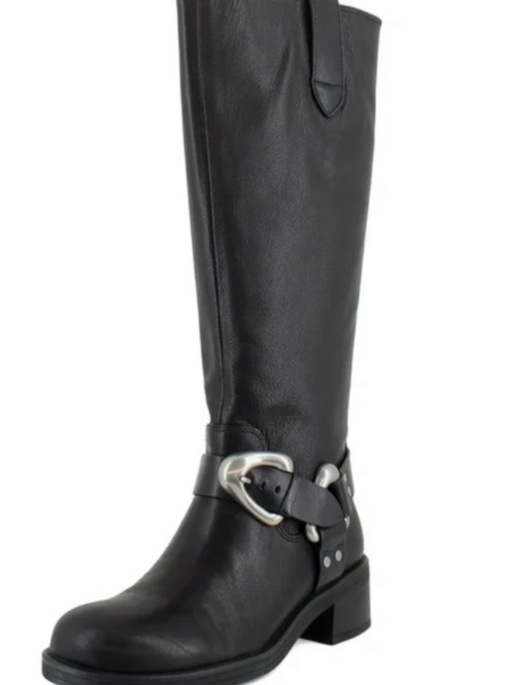 AEROSOLES Black Leather Moto Boots with Silver Buckle